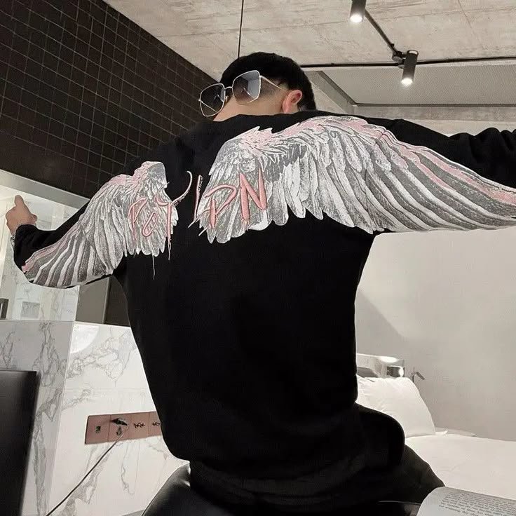 Hearujoy Y2k Pullover Harajuku Hip Hop Sweatshirt Loose Long Sleeved Men Top Oversized Wings Printed Jacket Cotton New Streetwear Men - Black _ XXL